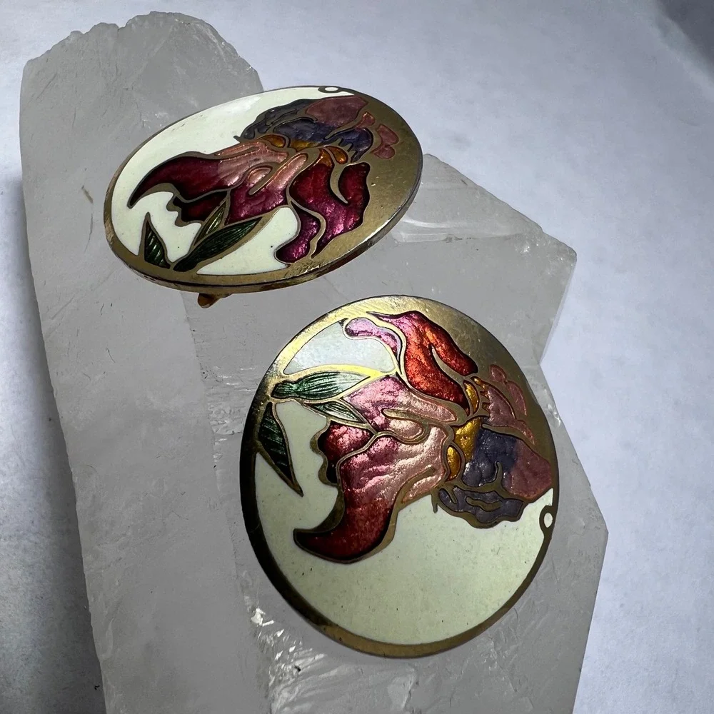 Vintage Cloisonne Enamel Iris Floral Clip On Earrings Gold Tone Oval‎ Statement